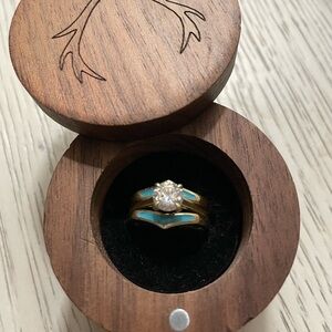 ROUND CUT MOISSANITE SOLITAIRE ENGAGEMENT RING WITH "ZUNI" TURQUOISE RING GUARD